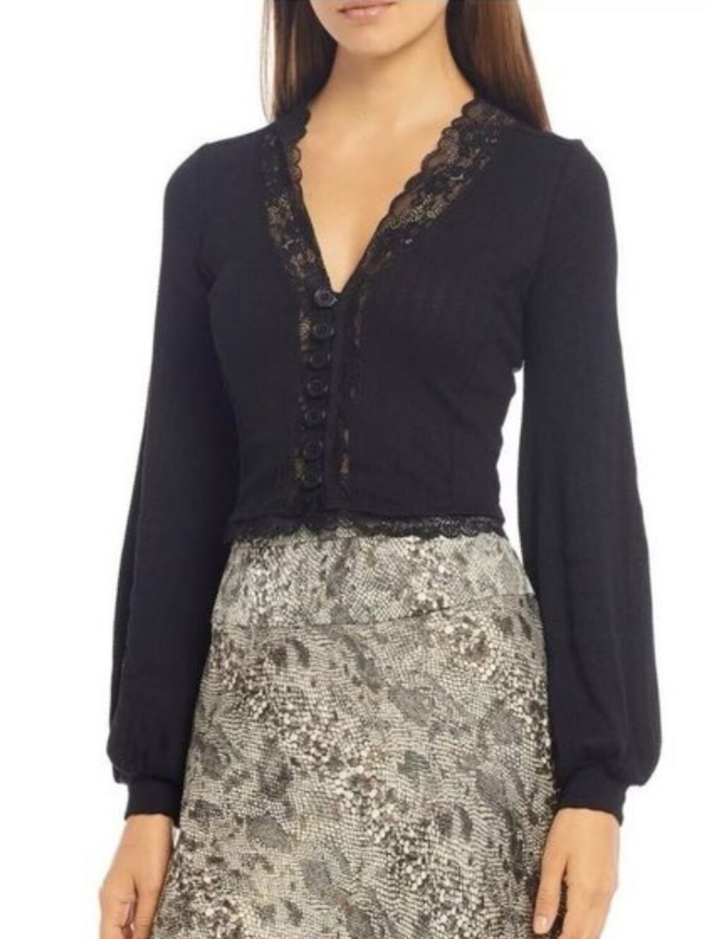 Free People Black Lace Trim Long Sleeve V-Neck Cardigan Boho Goth Babe